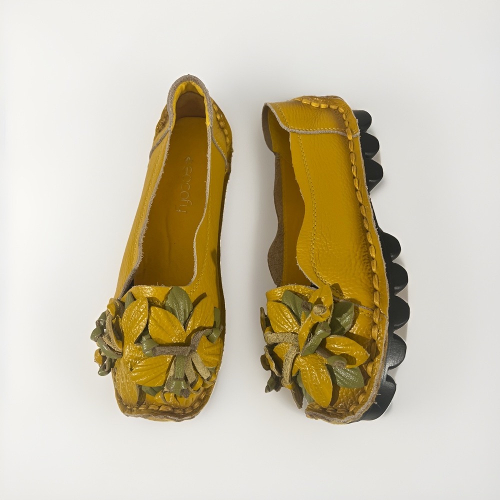 Socofy Genuine Leather Handmade Flower Loafers Size 240, U S-7.5, Mustard Yellow